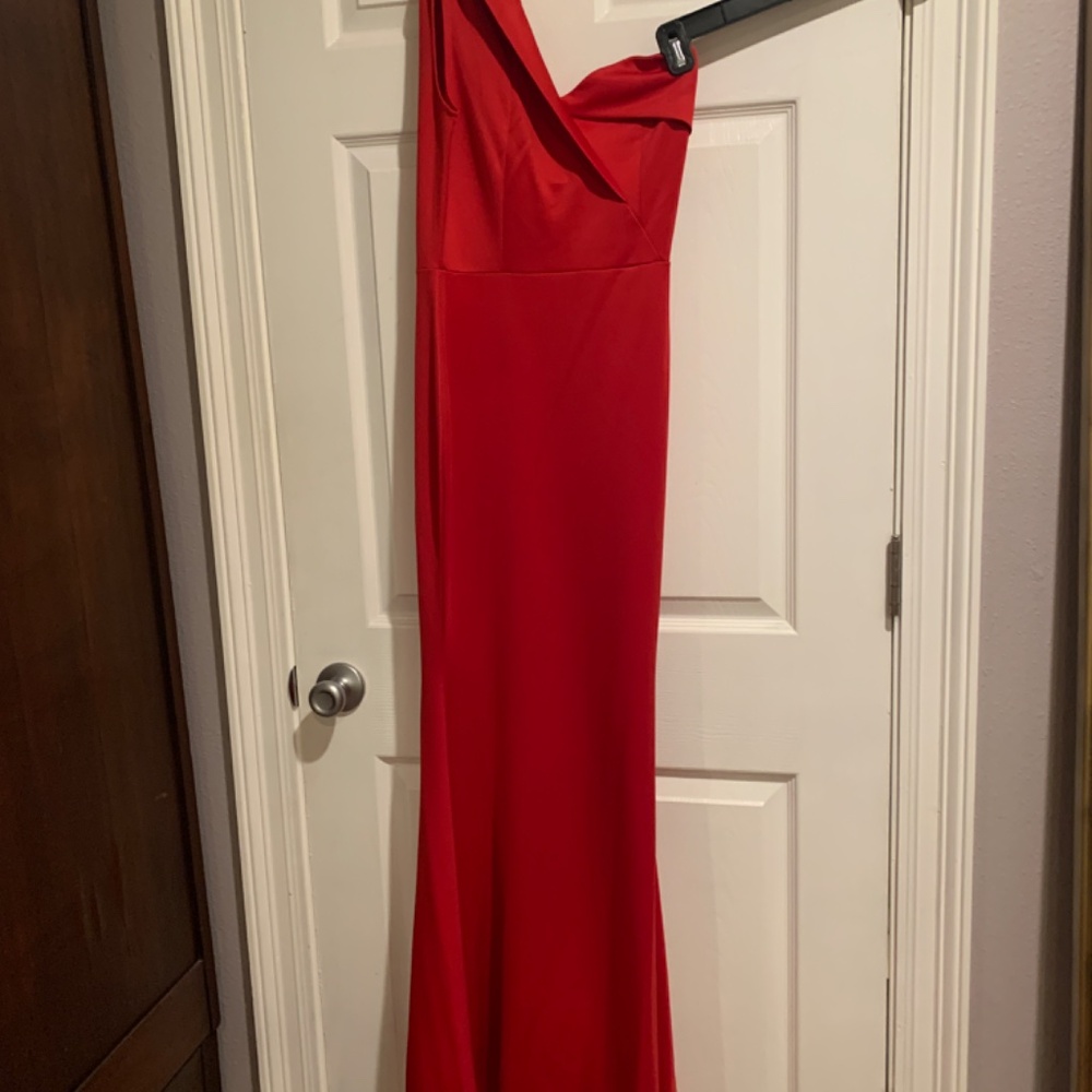 Red one shoulder long maxi Mardi Gras gown